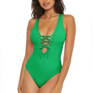 BECCA Neon Green Lace-Up One-Piece Swimsuit